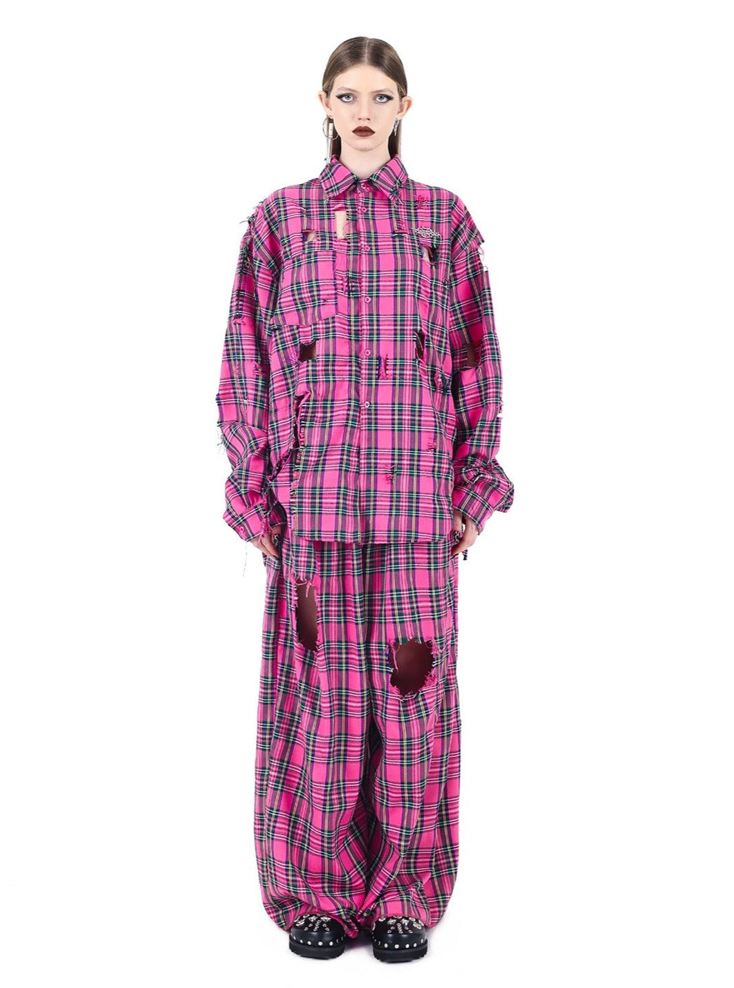 PINKSPINK Oversized Punk Plaid Shirt - Hot Pink