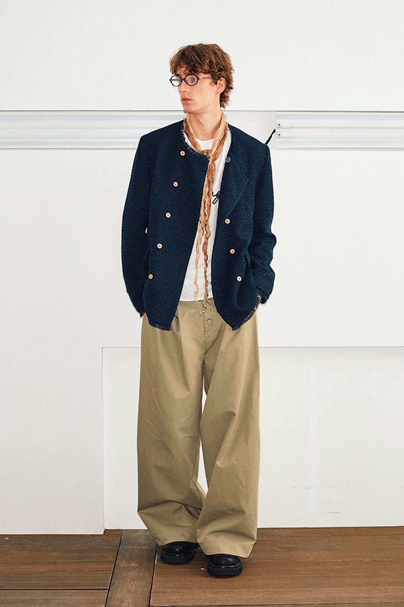 Wide-Leg Navy Trousers with Button Fly