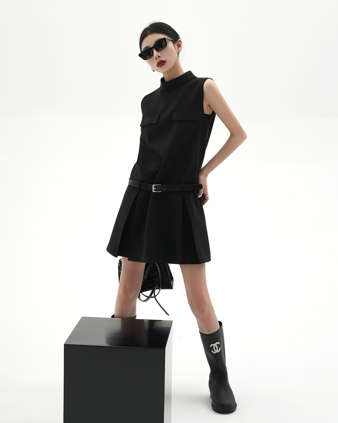 Sleeveless Mock Neck A-Line Dress - Belted Little Black Dress with Drop Waist