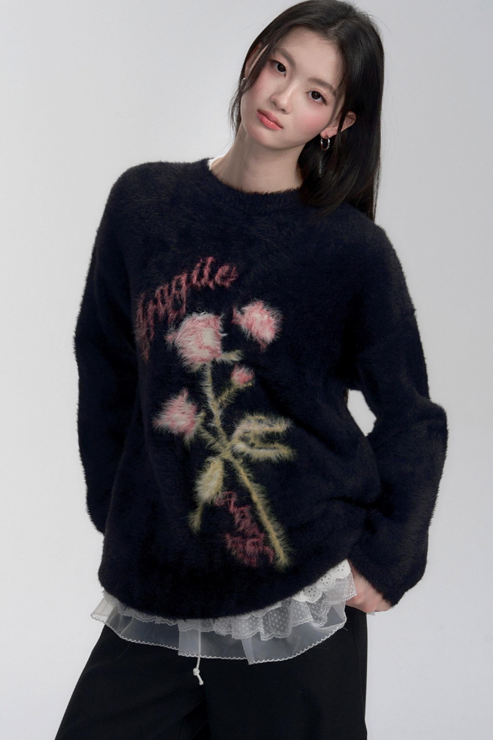 Floral Embroidered Fuzzy Sweater