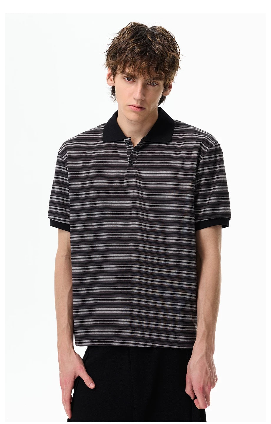 Retro Contrast-Stripe Polo T-Shirt Black straight-on view