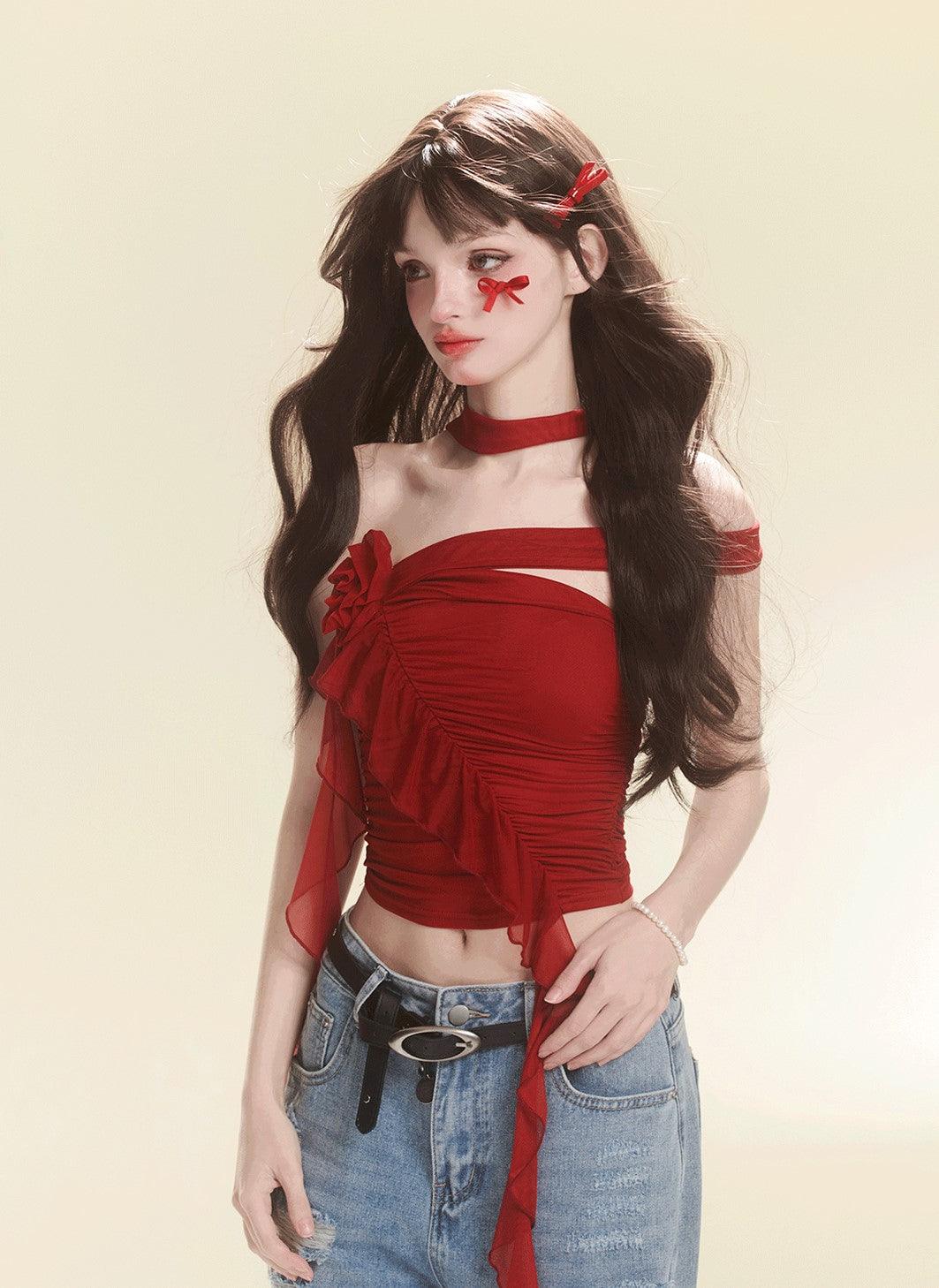 Stylish Red Tube Top and Denim Pants Set - chiclara