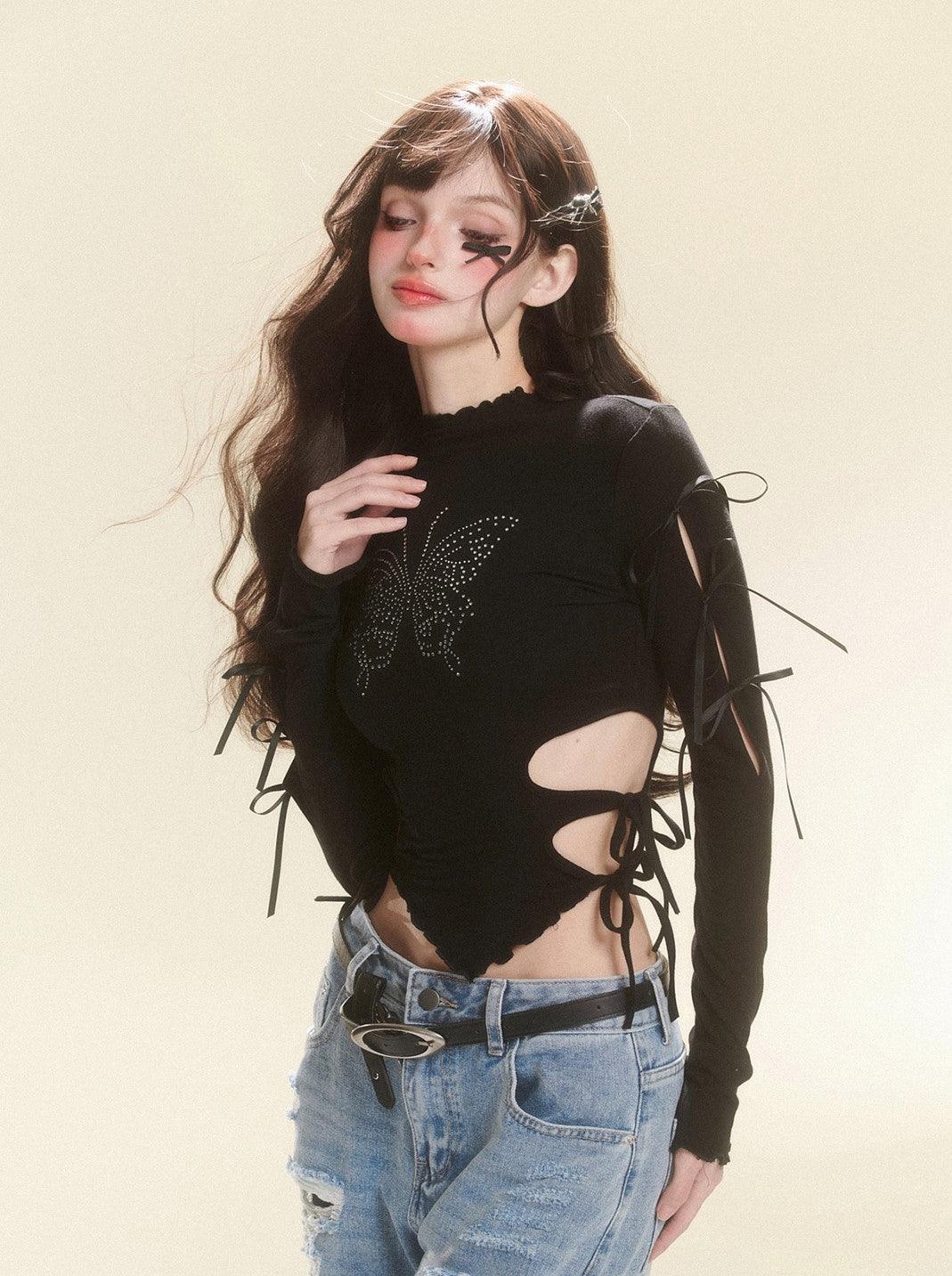 Black Long-Sleeved T-shirt with Butterfly Design - chiclara