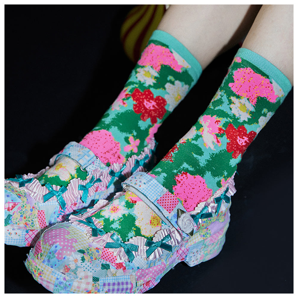 Spring Flower Pattern Cotton Crew Socks