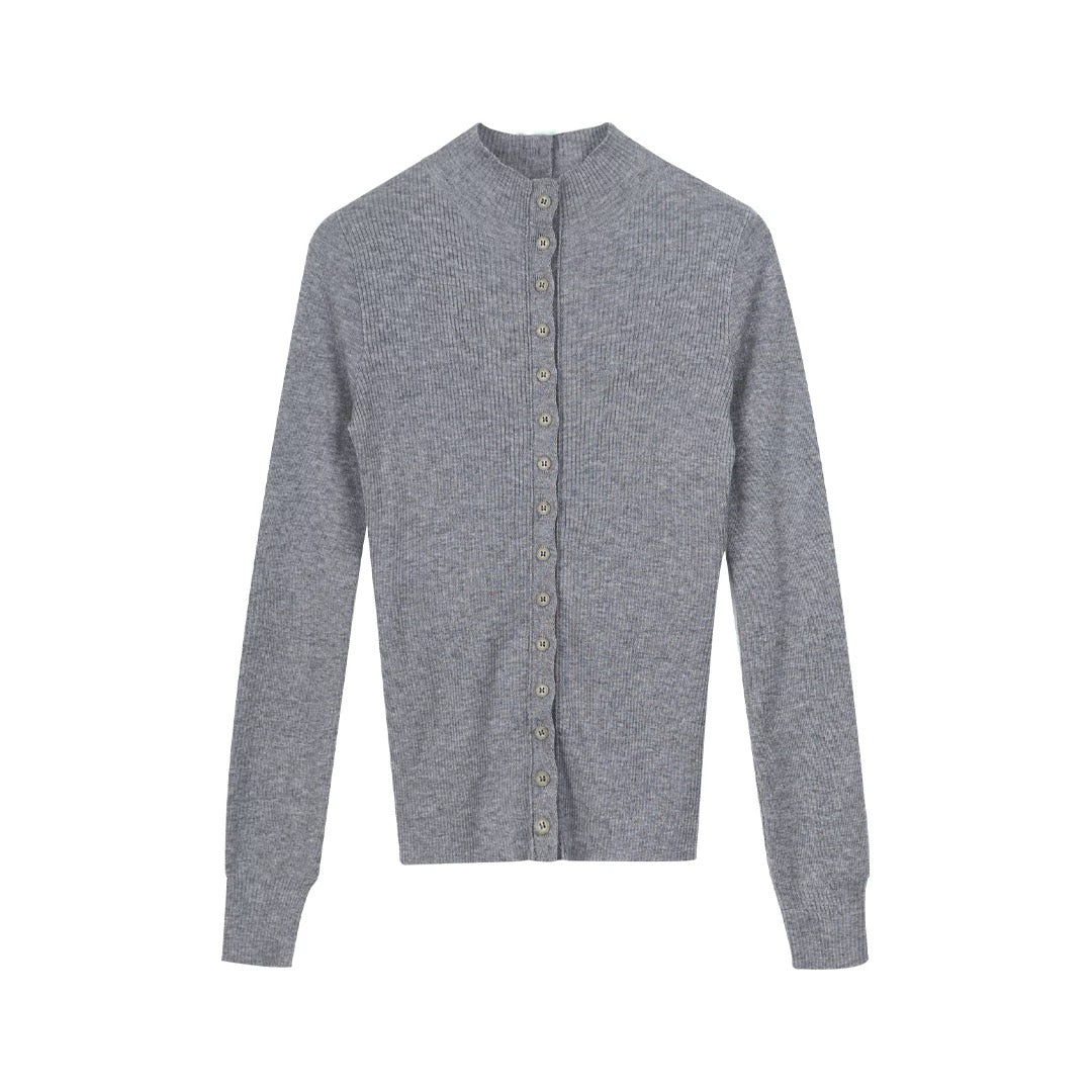 Gray Ribbed Button Knitwear Cardigan