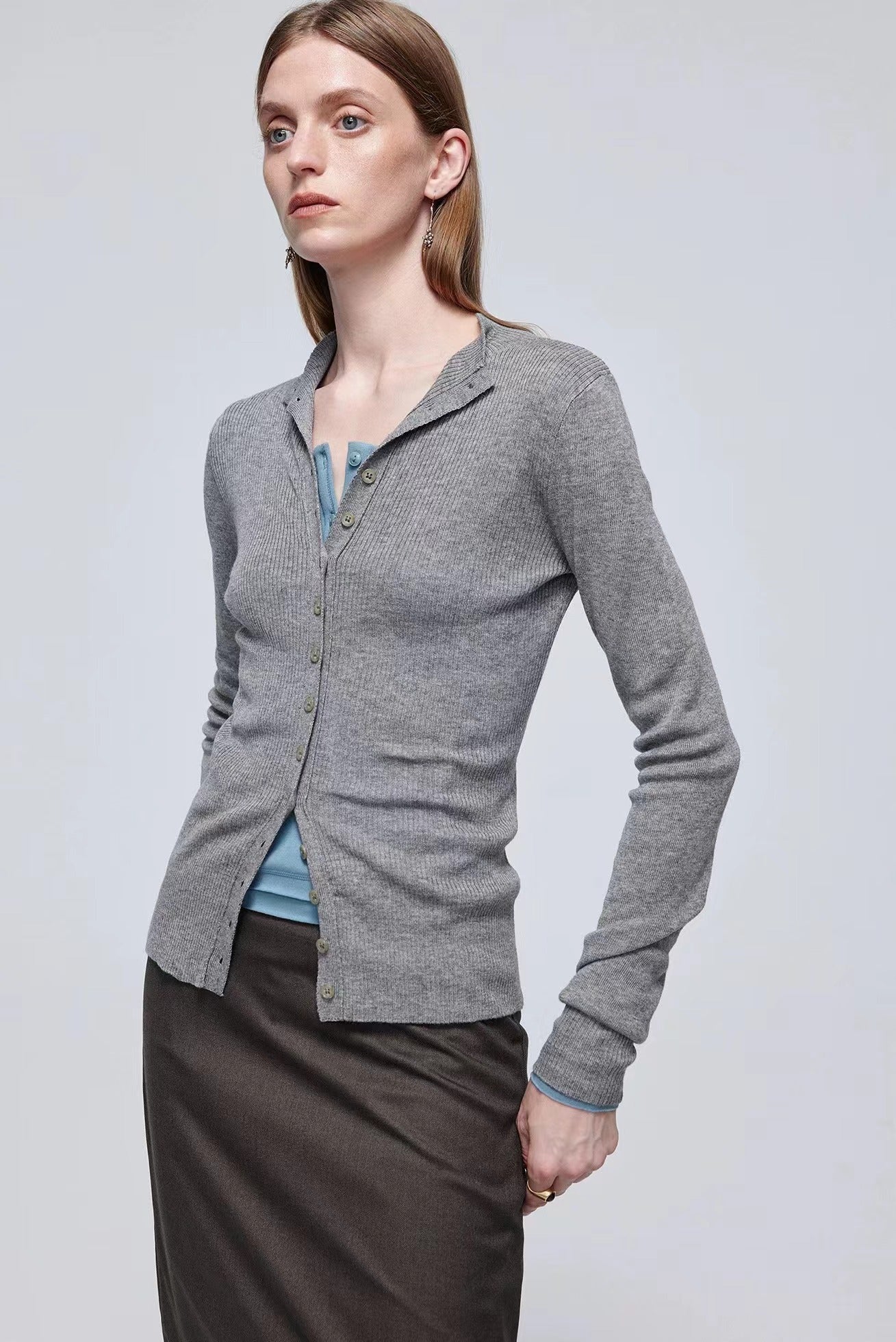 Gray Ribbed Button Knitwear Cardigan