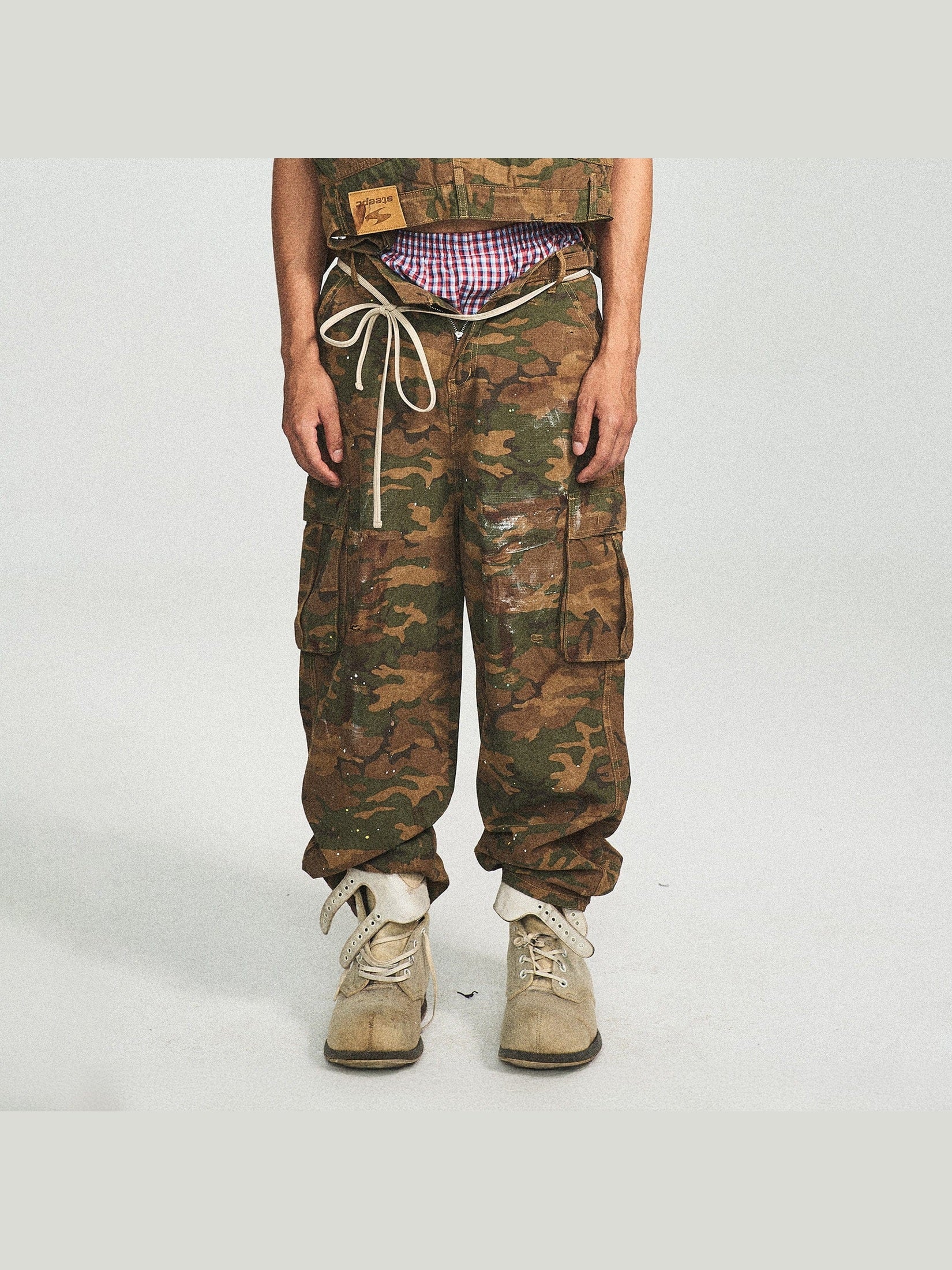 Ink Splashed Green Camo Cargo Pants
