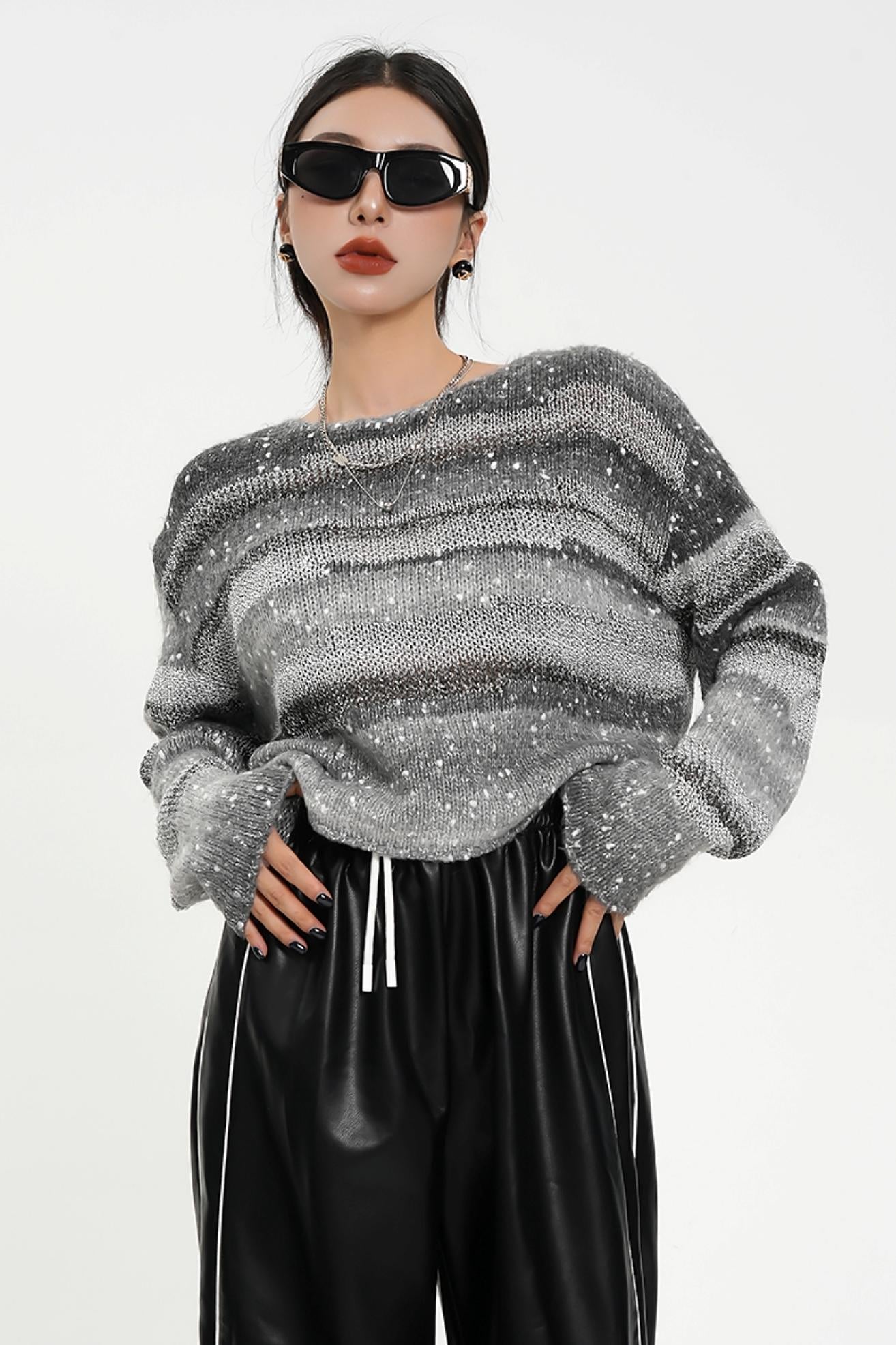 Striped Mohair-Blend Cropped Sweater - Fuzzy Long Sleeve Knit Top