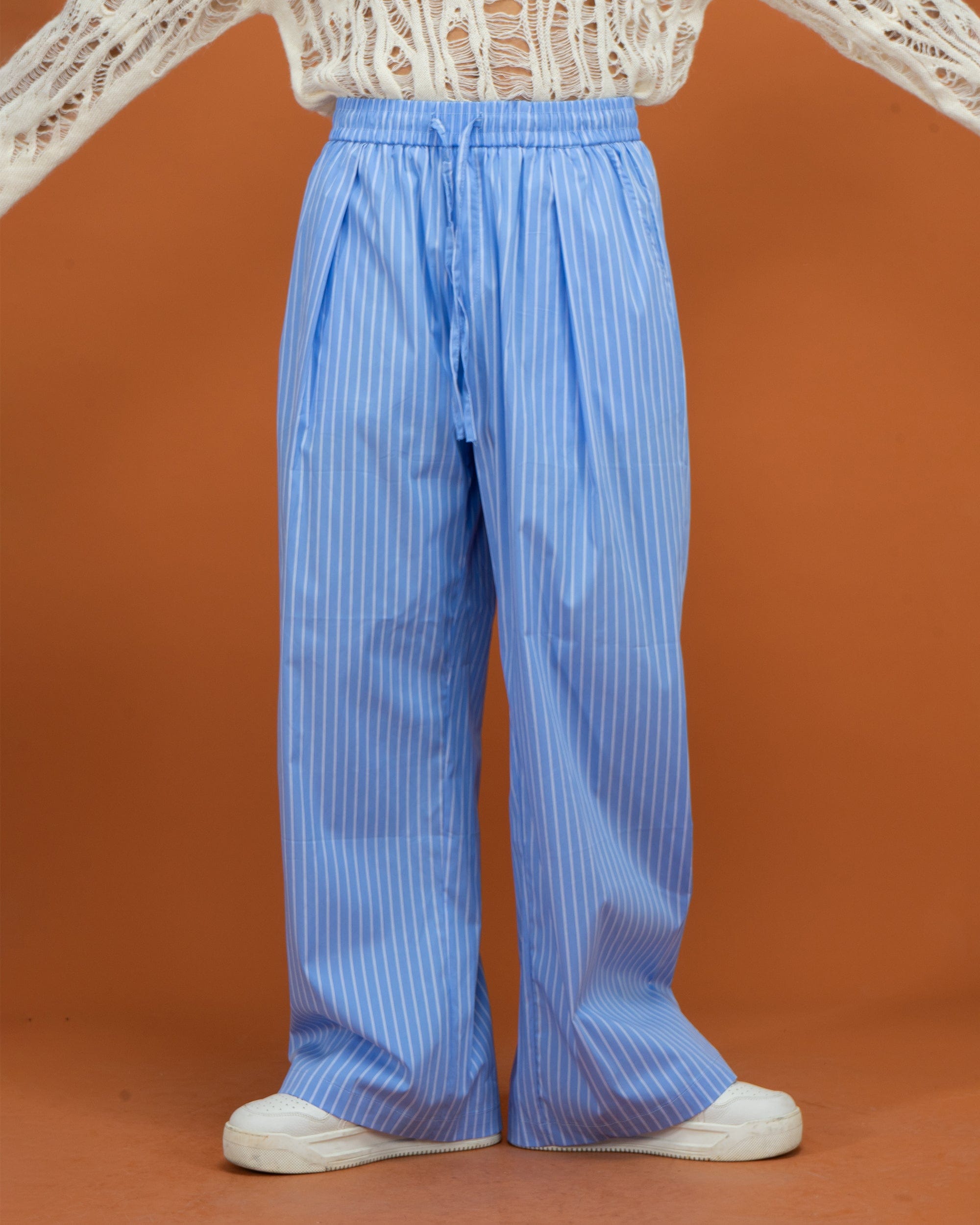 Blue Pinstripe Drawstring Wide-Leg Pants