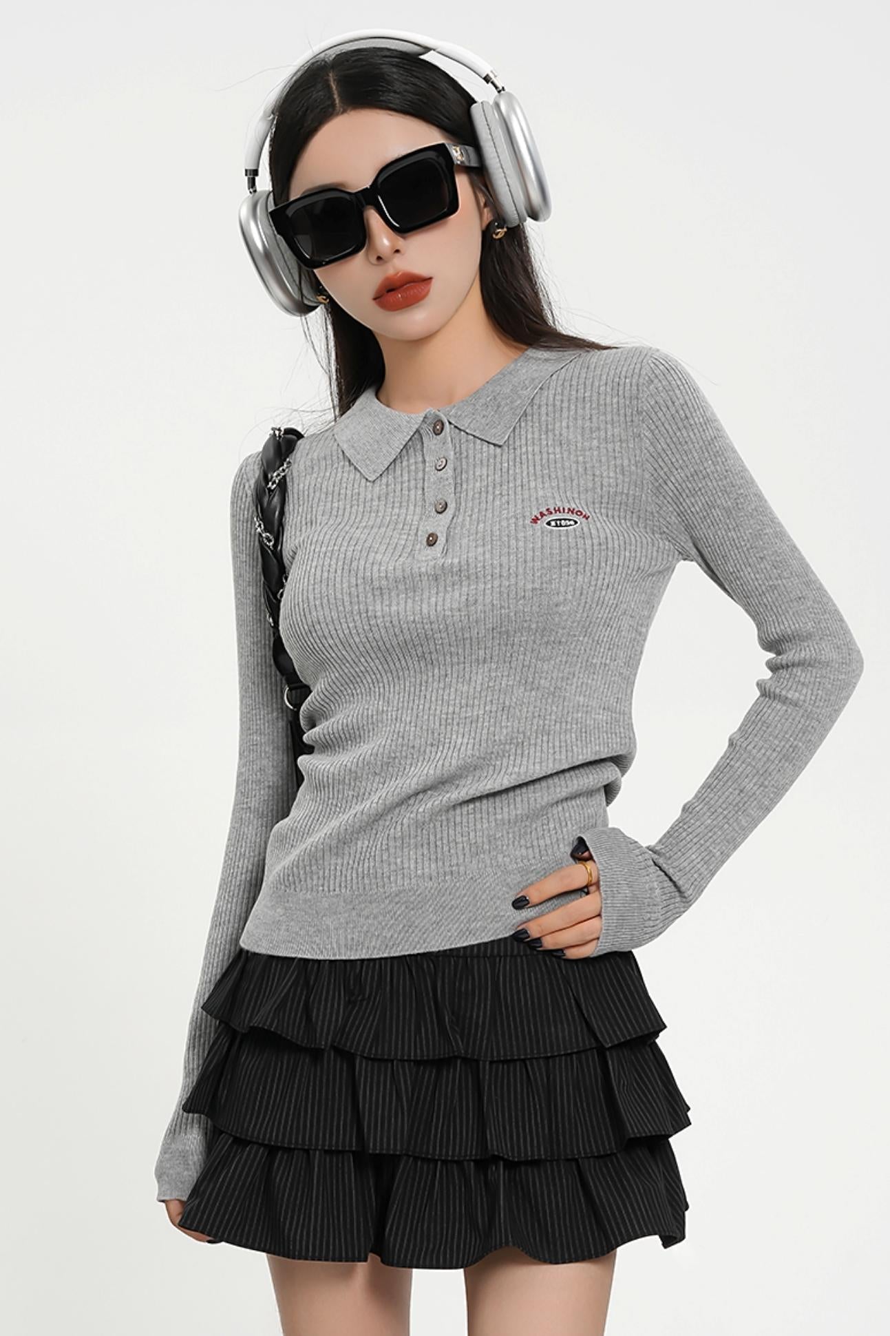 Long Sleeve Henley Sweater - Ribbed Knit Pullover with Embroidered Detail