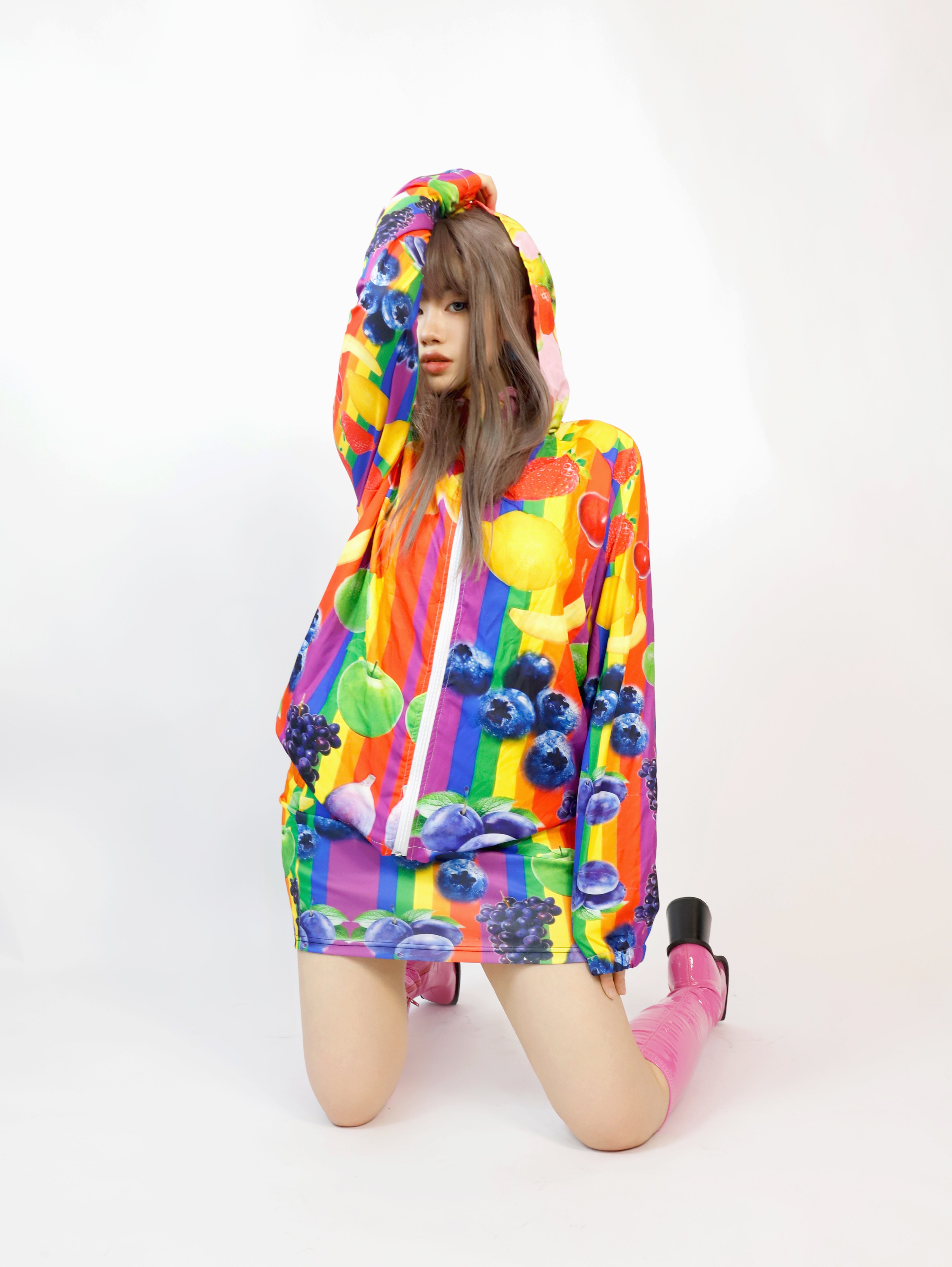 Rainbow Fruit Print Zip-Up Jacket