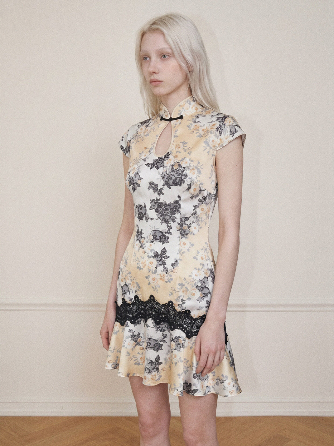 Satin Floral Lace-Spliced Dress
