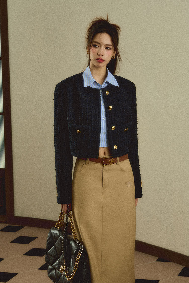 Cropped Tweed Jacket: Navy Blue Boucle with Gold Button Detail and Logo Embroidery