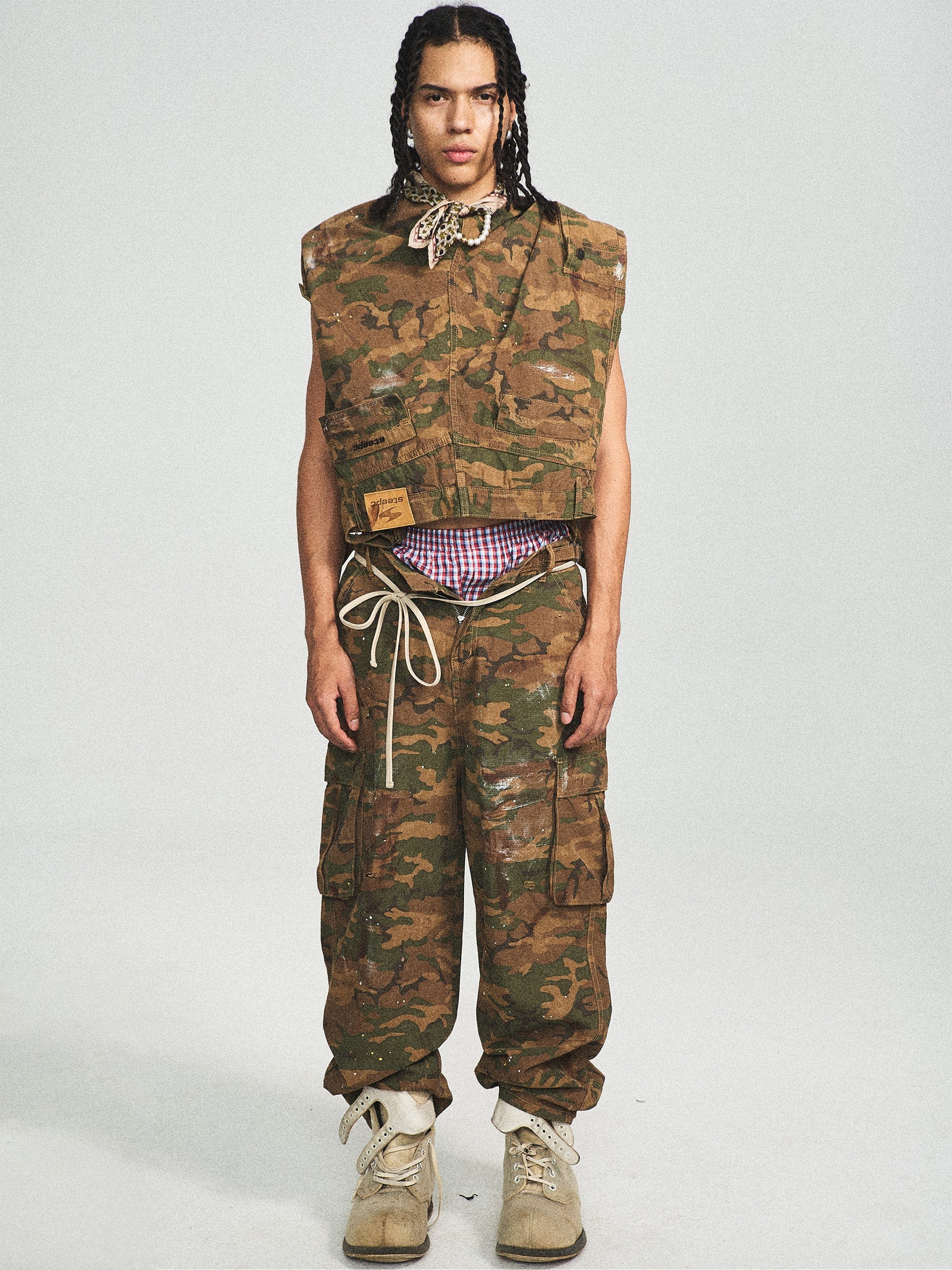 Ink Splashed Green Camo Cargo Pants