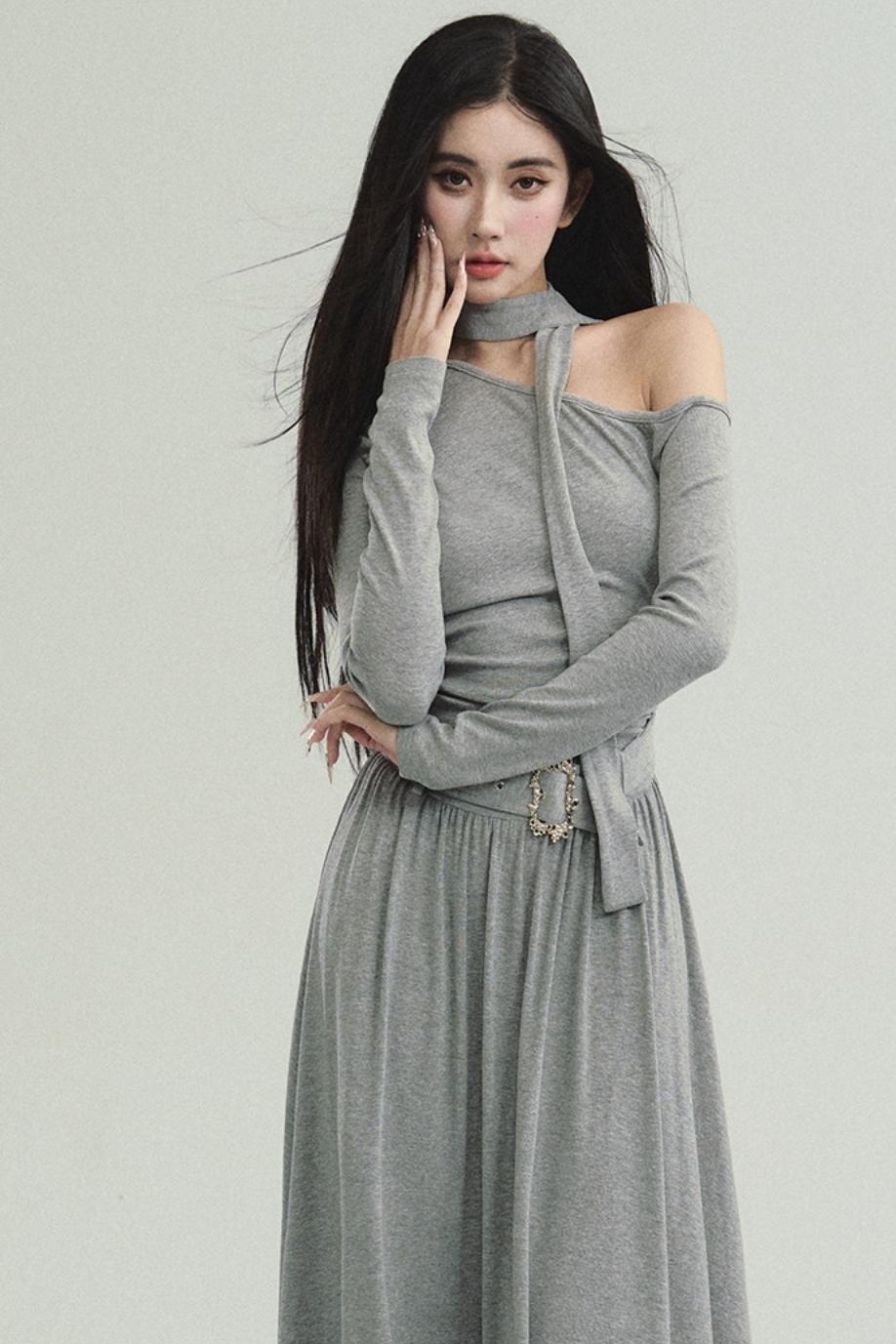 Cold Shoulder Choker Maxi Dress - Grey Gothic Asymmetric Dress