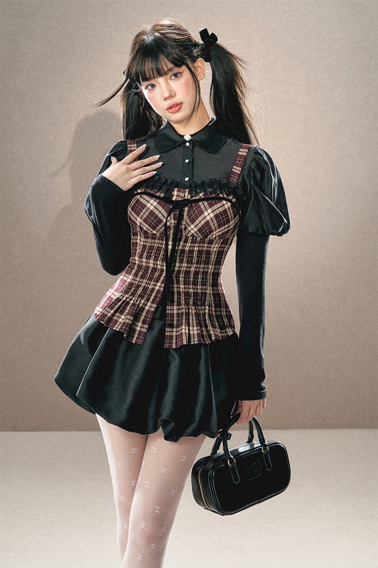 Plaid Bustier Suspender/Patchwork Shirt/Bubble Skirt