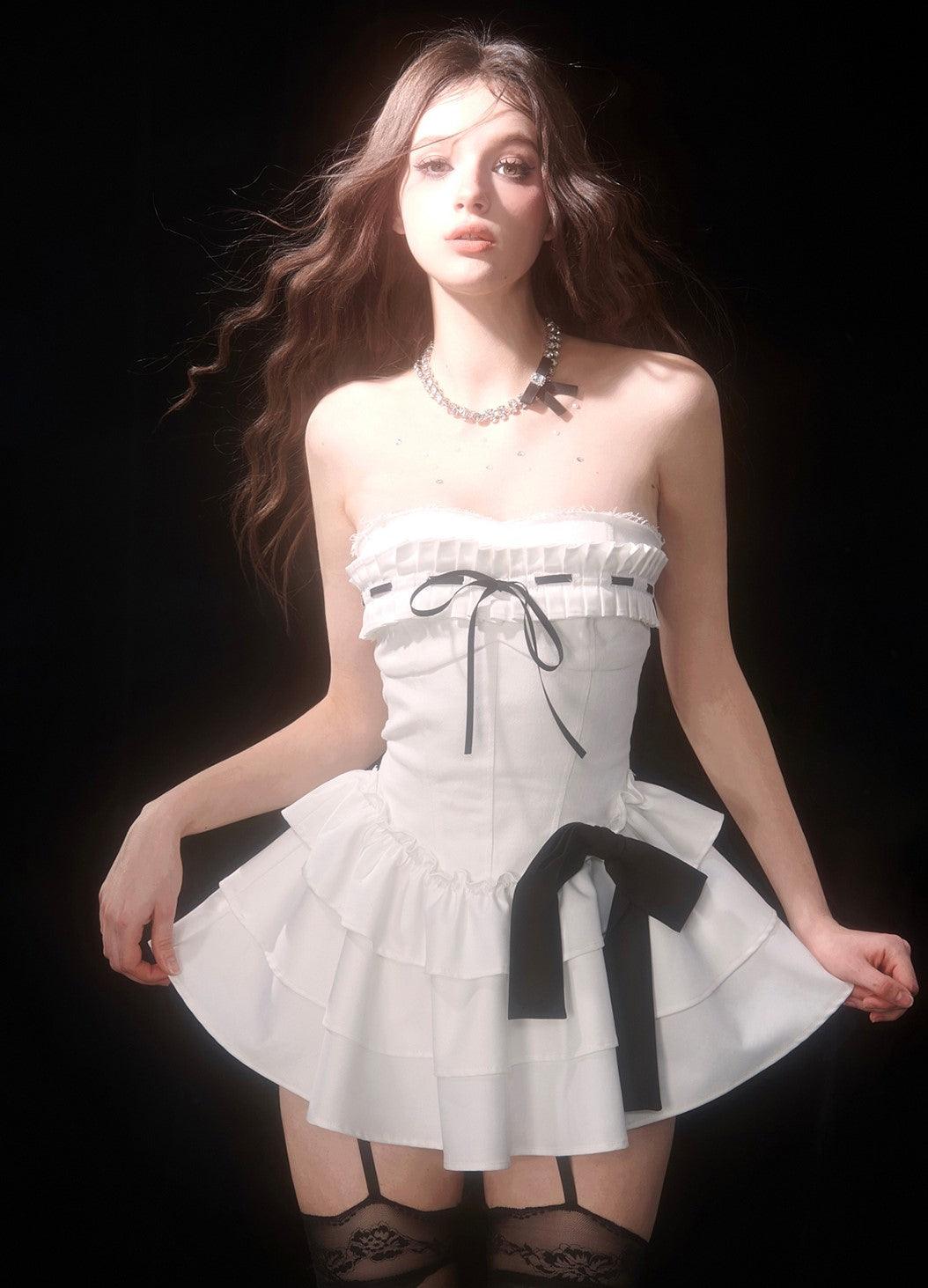 Elegant Black and White Strapless Cake Dress - chiclara