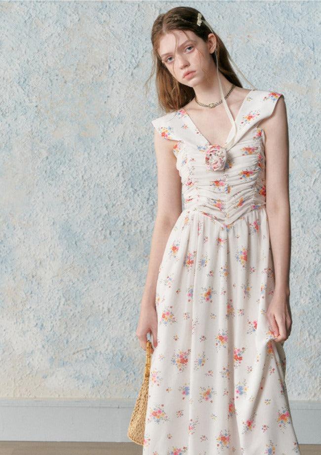 Retro Sleeveless Floral Pleating Wrap Dress