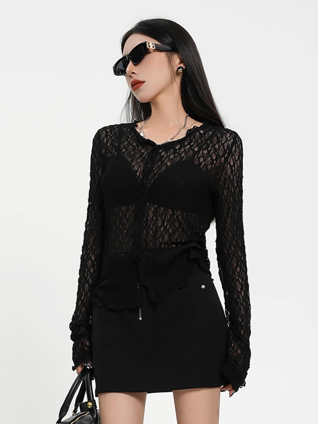 Sheer Lace Long Sleeve Crop Top - Gothic Mesh V-Neck Blouse