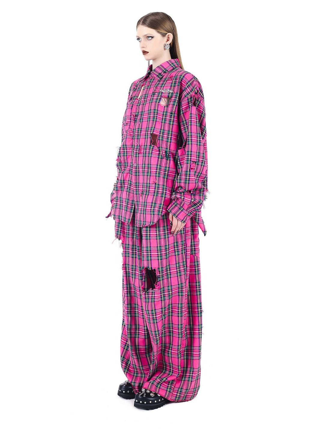 PINKSPINK Oversized Punk Plaid Shirt - Hot Pink