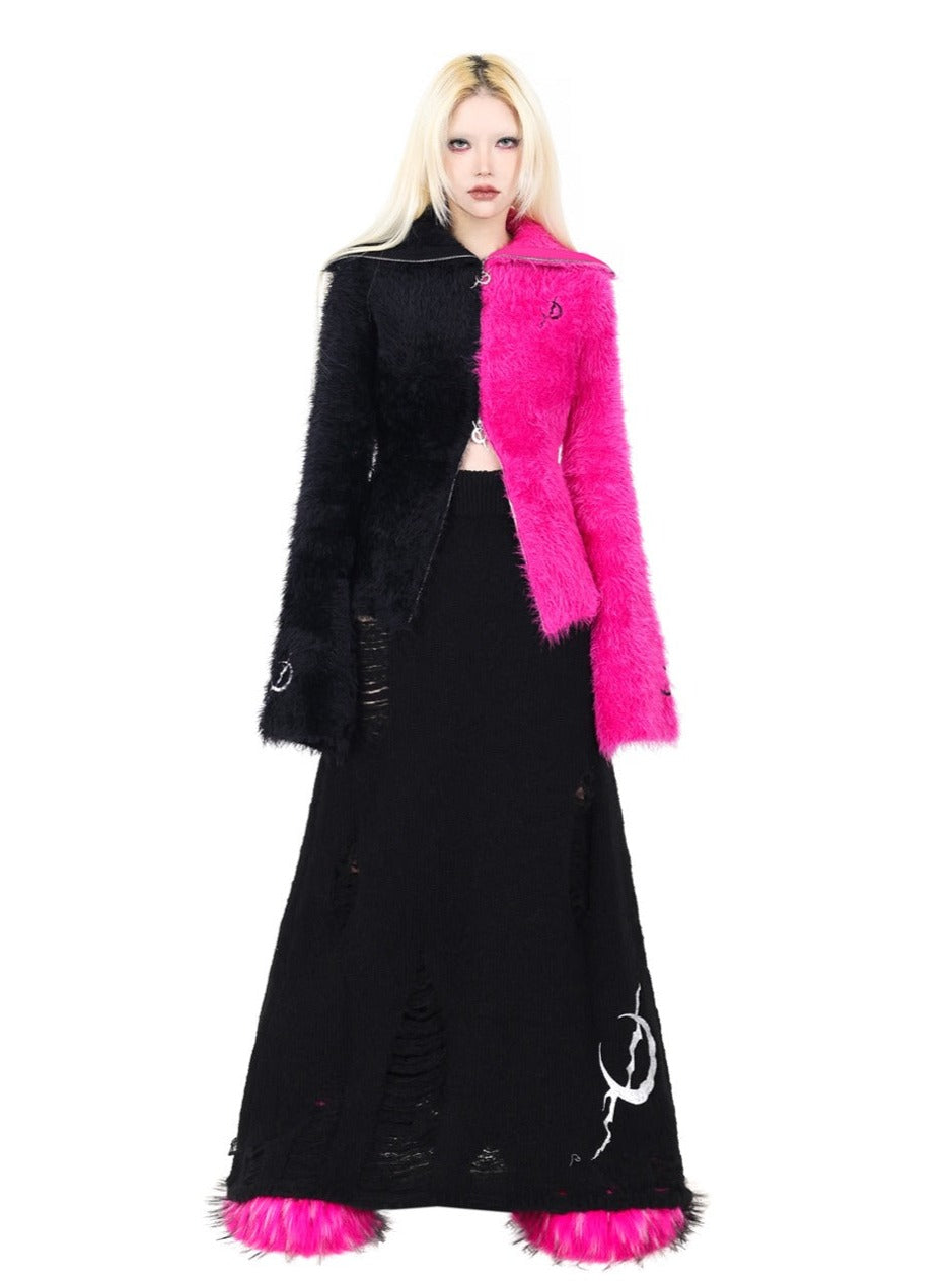 PINKSPINK Two-Tone Fuzzy Cropped Hoodie Cardigan - Black/Hot Pink