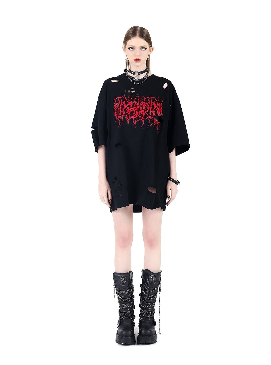 PINKSPINK Distressed Metal Band Oversized Tee - Black