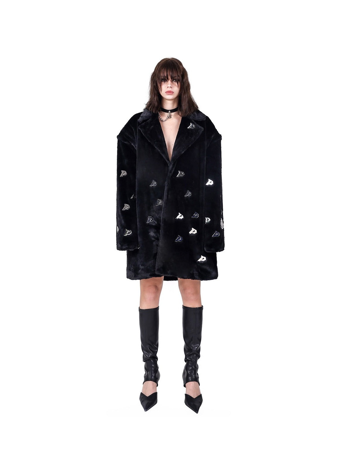 PINKSPINK Embroidered Ghost Faux Fur Coat - Black