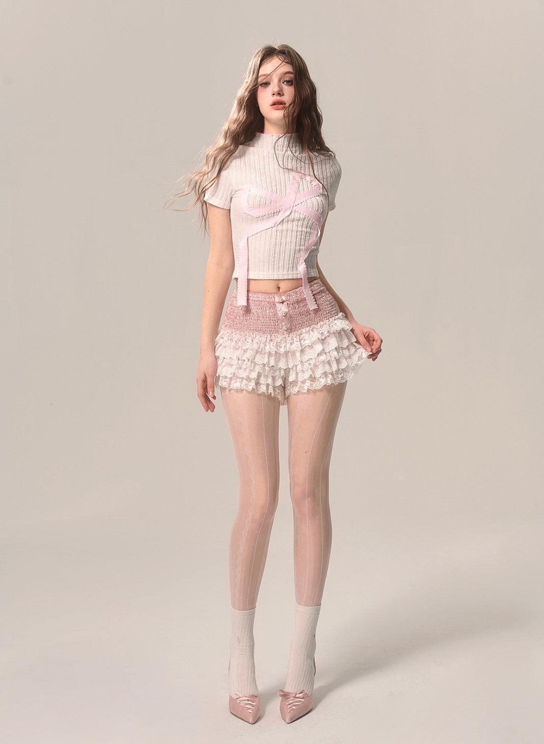 Elegant Peach Lace A-Line Shorts - chiclara