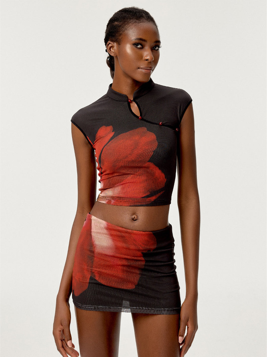 Cheongsam Collar Crop Top Skort Set