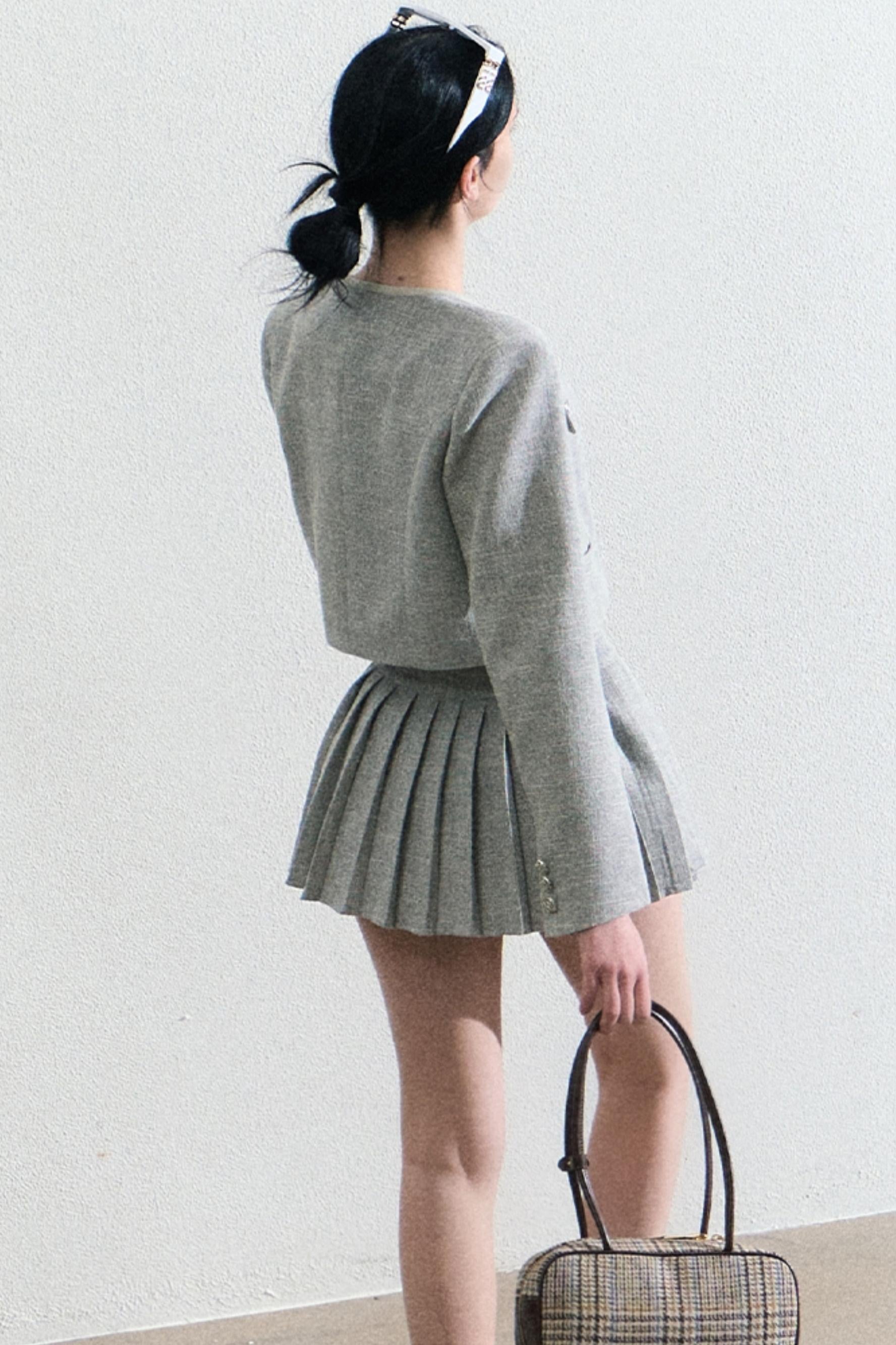 Grey Pleated Preppy School Blazer and Skirt Set