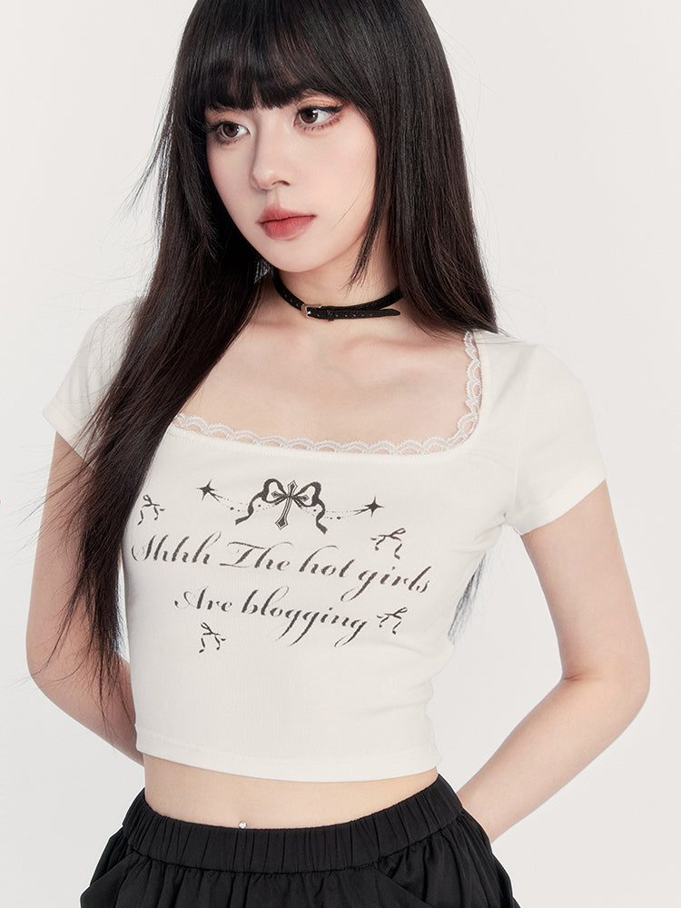 Lace Trim Square Neck Crop Top