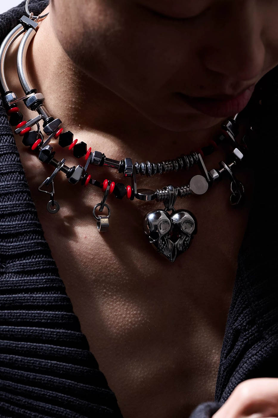 Chrome and Red Heart Skull Necklace