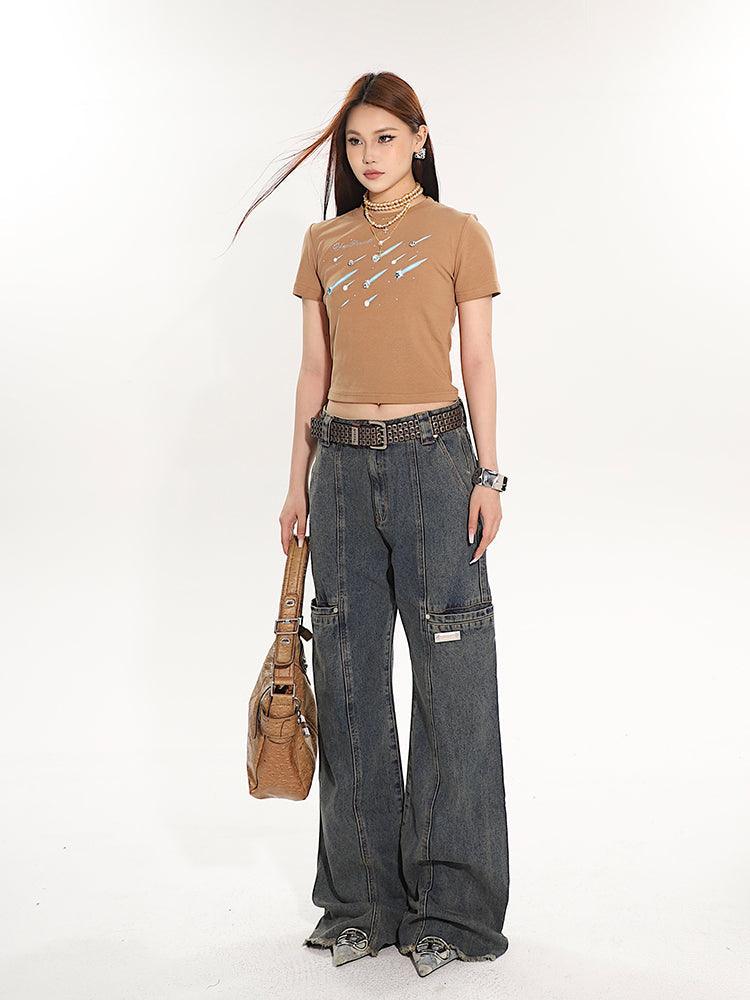 Full-Length Washed and Distressed Straight-Leg Jeans - chiclara