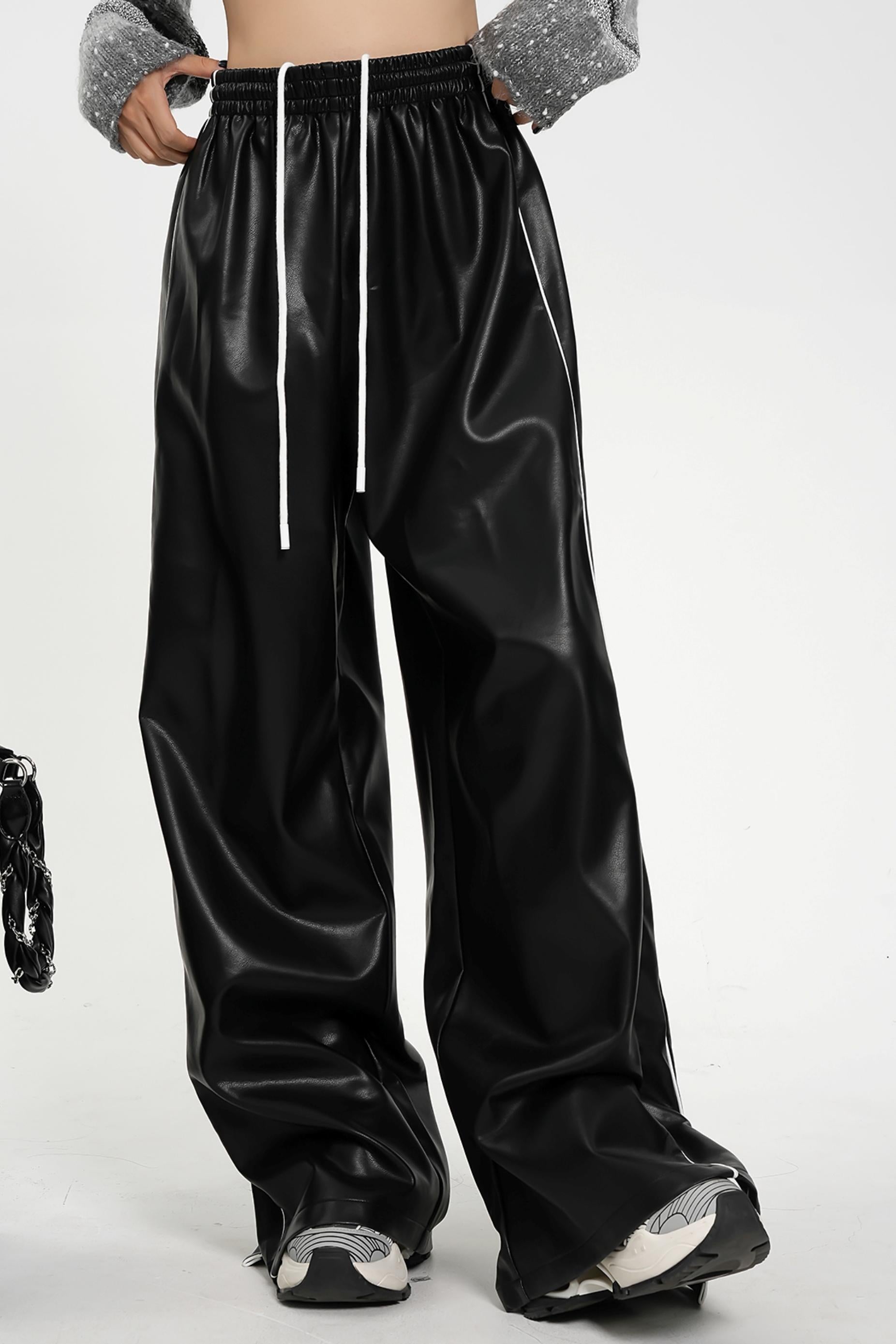 Luxe Satin-Look Drawstring Pants - Wide Leg Striped Track Bottoms