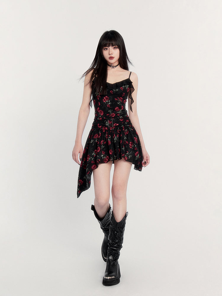 Floral Print Gothic Mini Dress with Asymmetric Hem