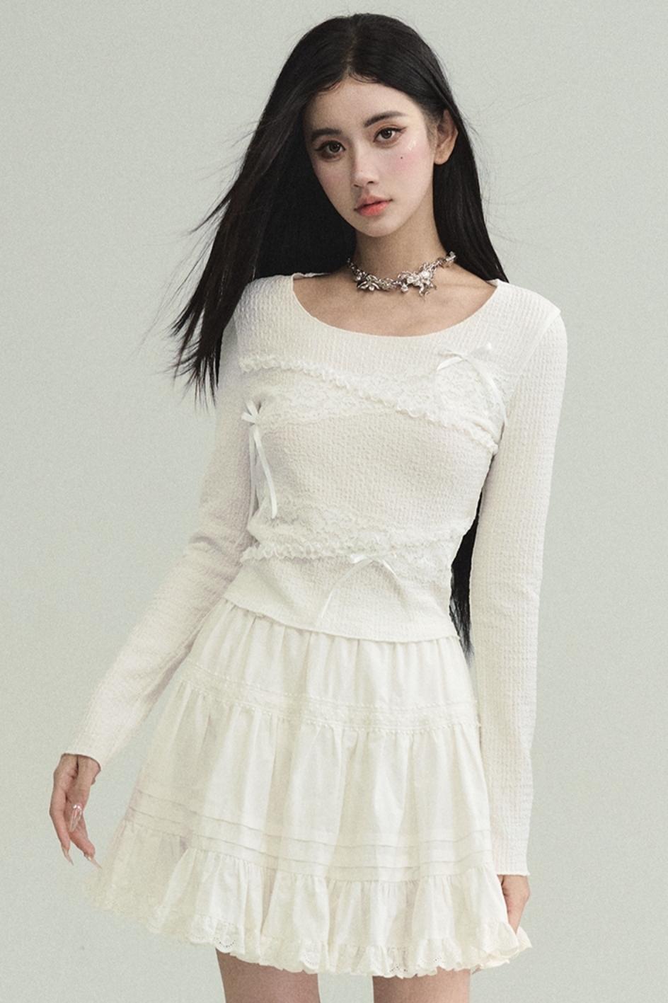 Ethereal Elegance: Ivory Long-Sleeve Crop Top with Asymmetrical Lace Overlay