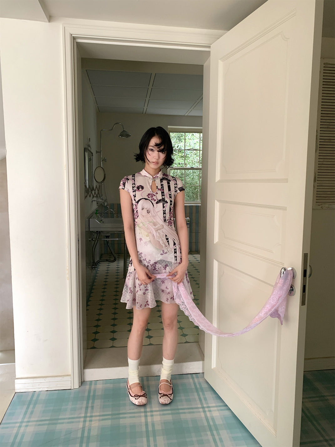 Spliced Collar Print Cheongsam Dress