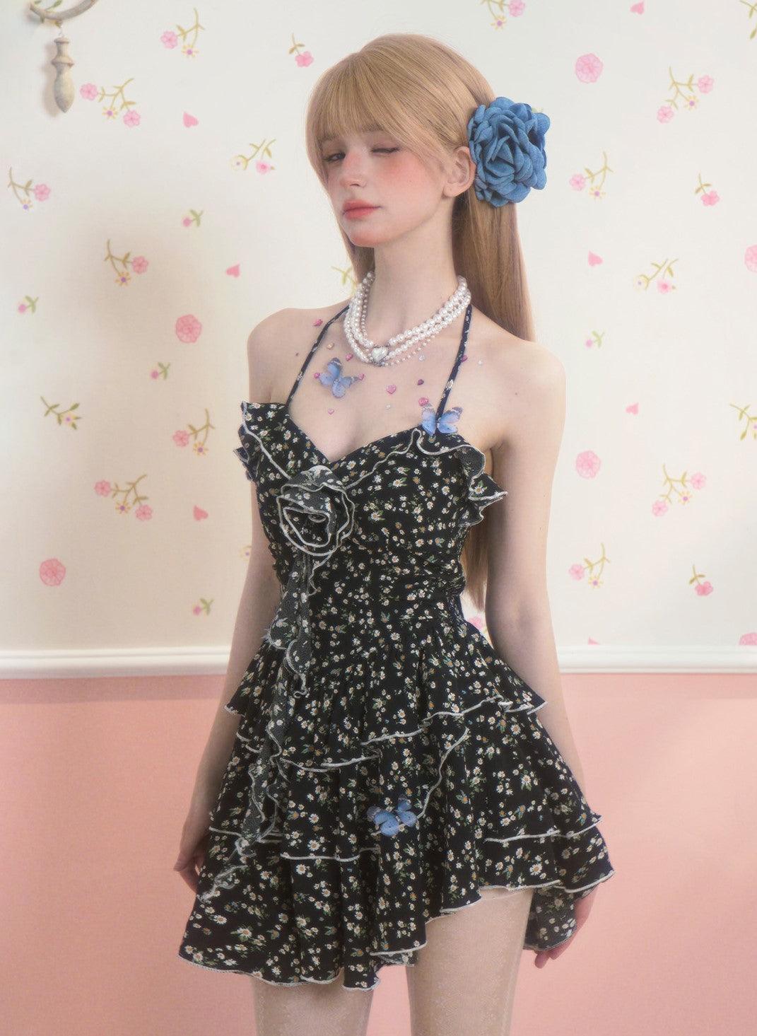 Elegant Black Floral Suspender Skater Dress - chiclara