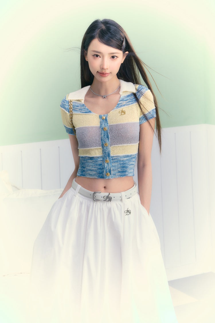 Pastel Striped Cropped Cardigan: Short Sleeve Collared Knit Top with Button Front