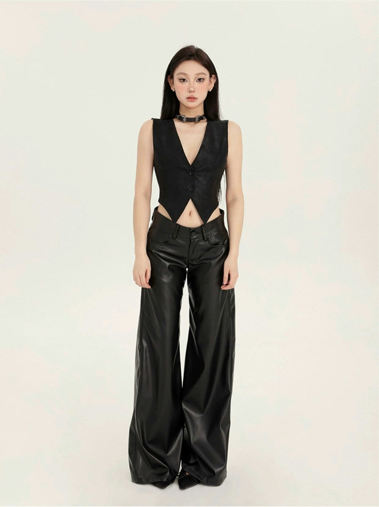 Black Wide-Leg Leather Pants