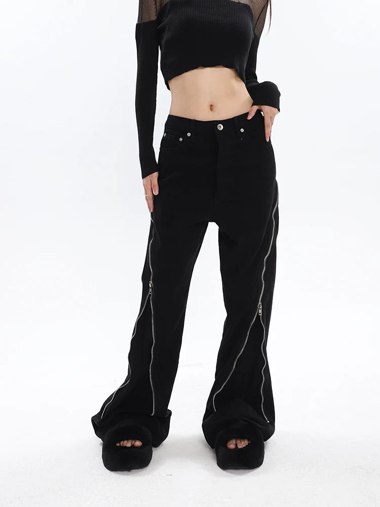 Black Flared Jeans with Decorative Zipper Details