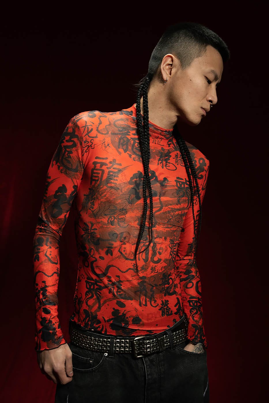 Red Chinese Calligraphy Print Turtleneck Mesh Top