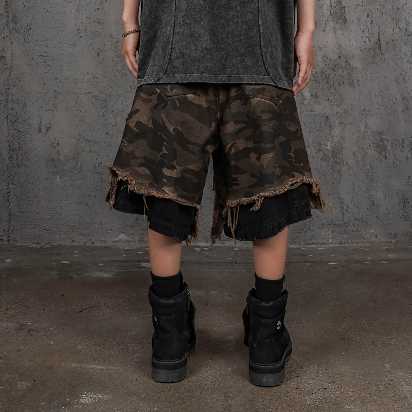 Double-Layered Shredded Camo Shorts