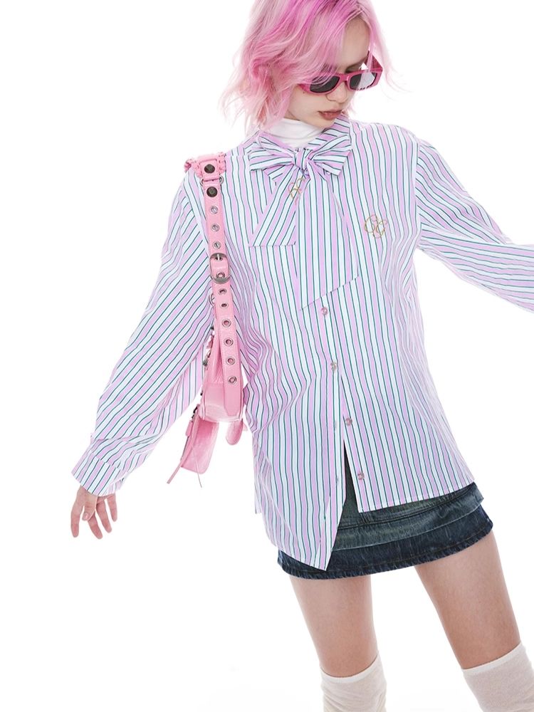 Striped Bow-Tie Blouse Shirt