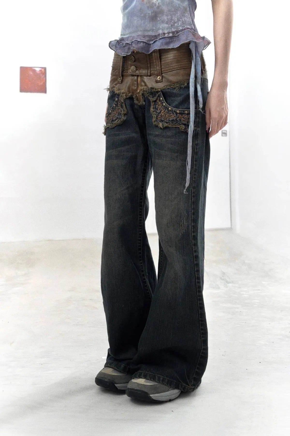 Vintage Wide Leg Contrast Waistband Jeans