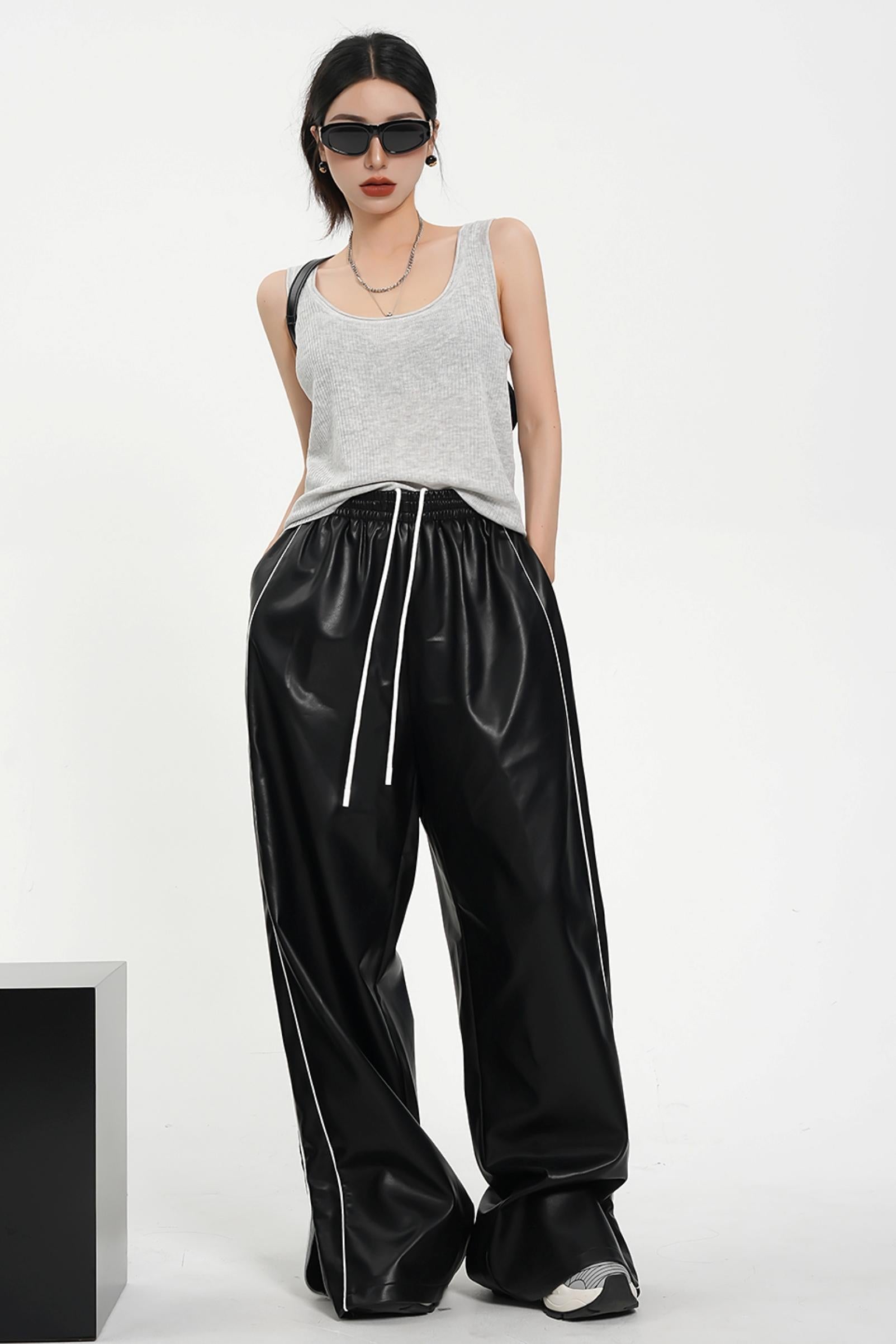 Luxe Satin-Look Drawstring Pants - Wide Leg Striped Track Bottoms