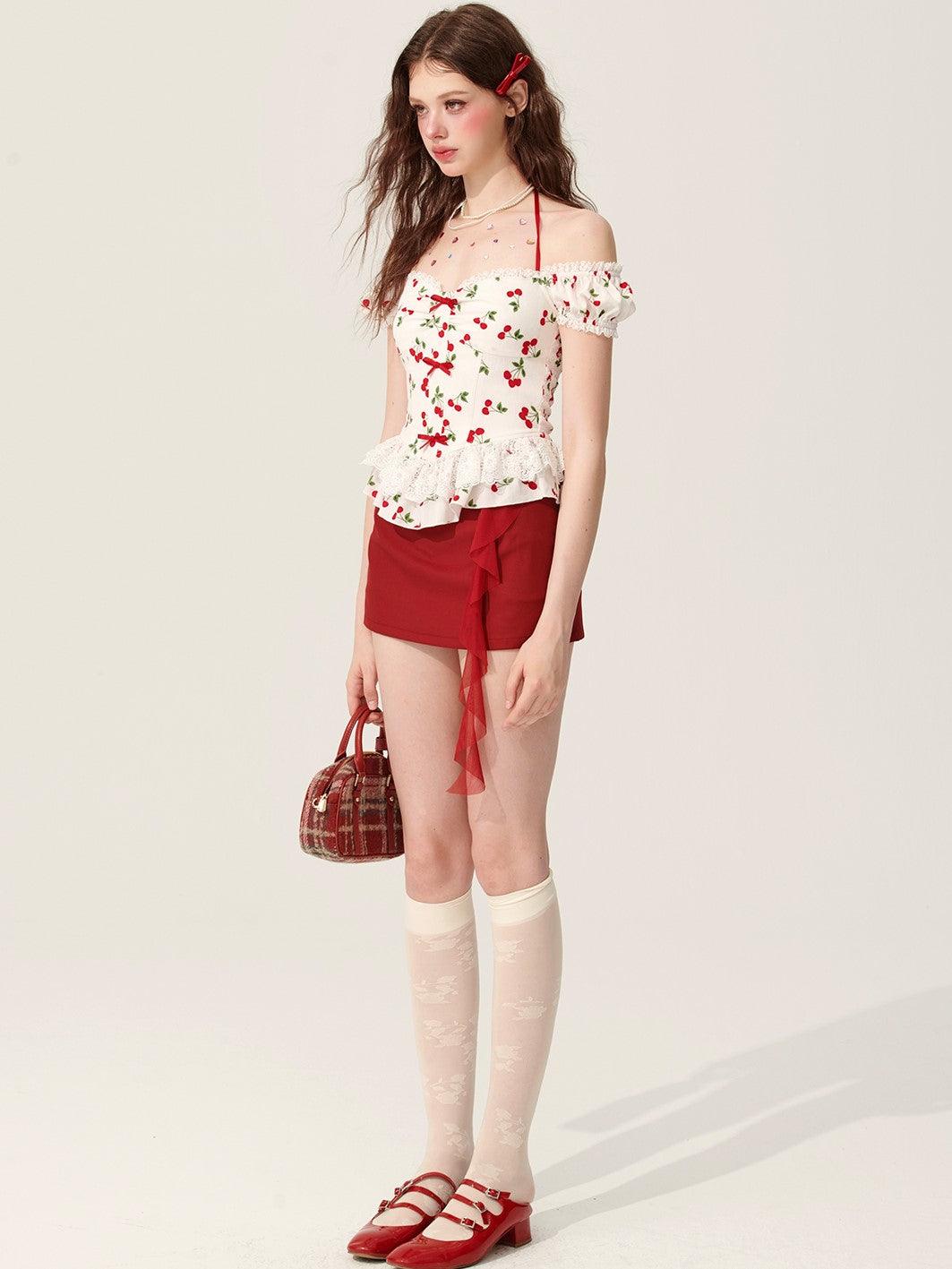 White Halter Neck T-shirt with Cherry Design - chiclara