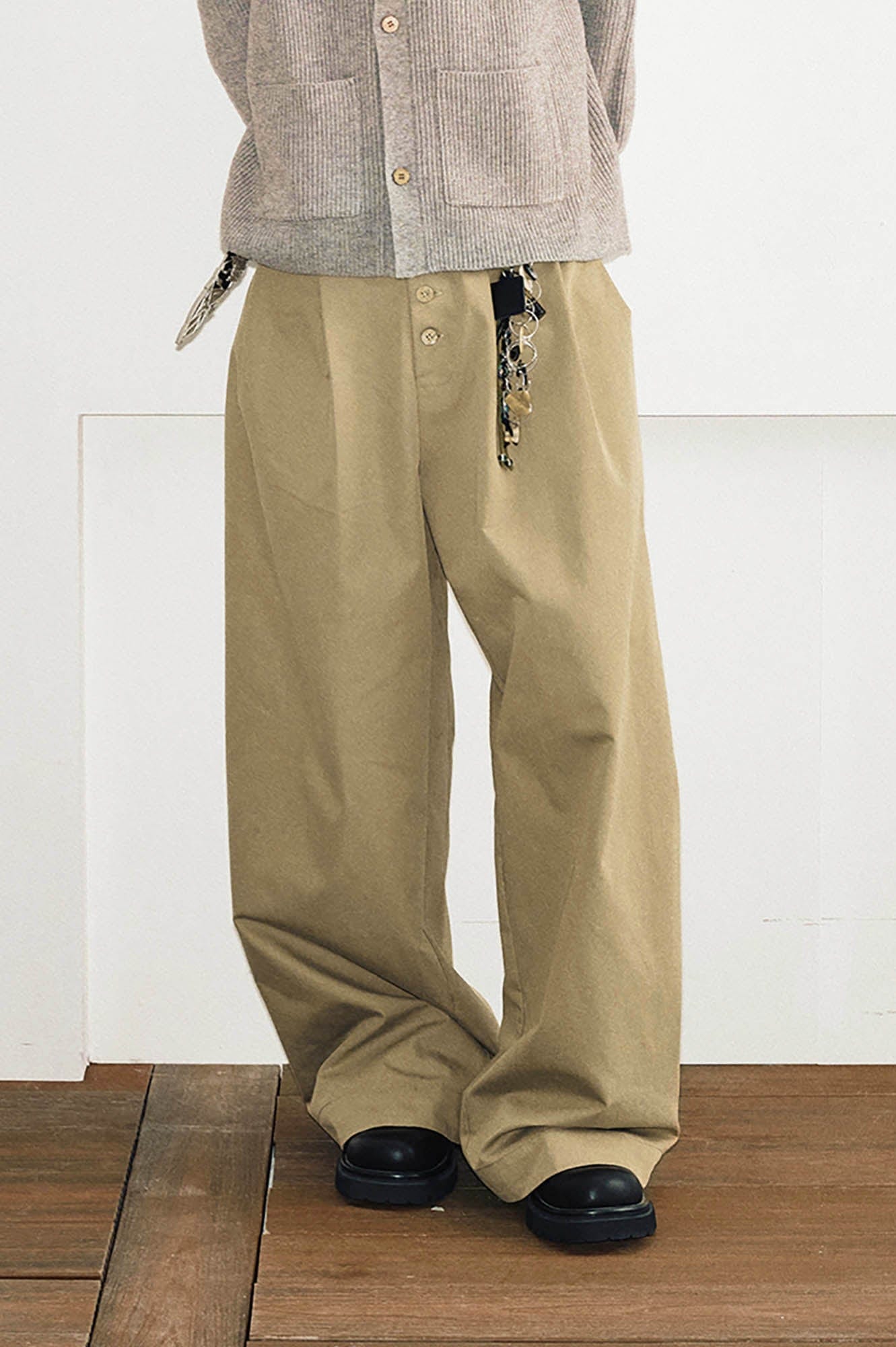 Wide-Leg Navy Trousers with Button Fly