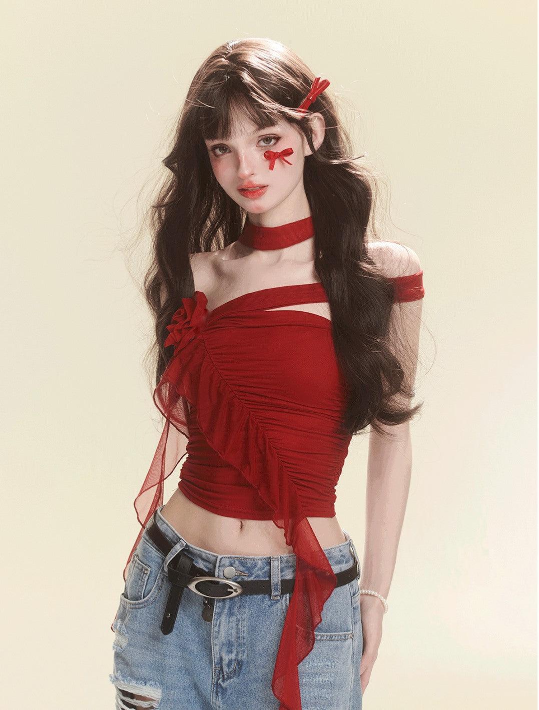 Stylish Red Tube Top and Denim Pants Set - chiclara