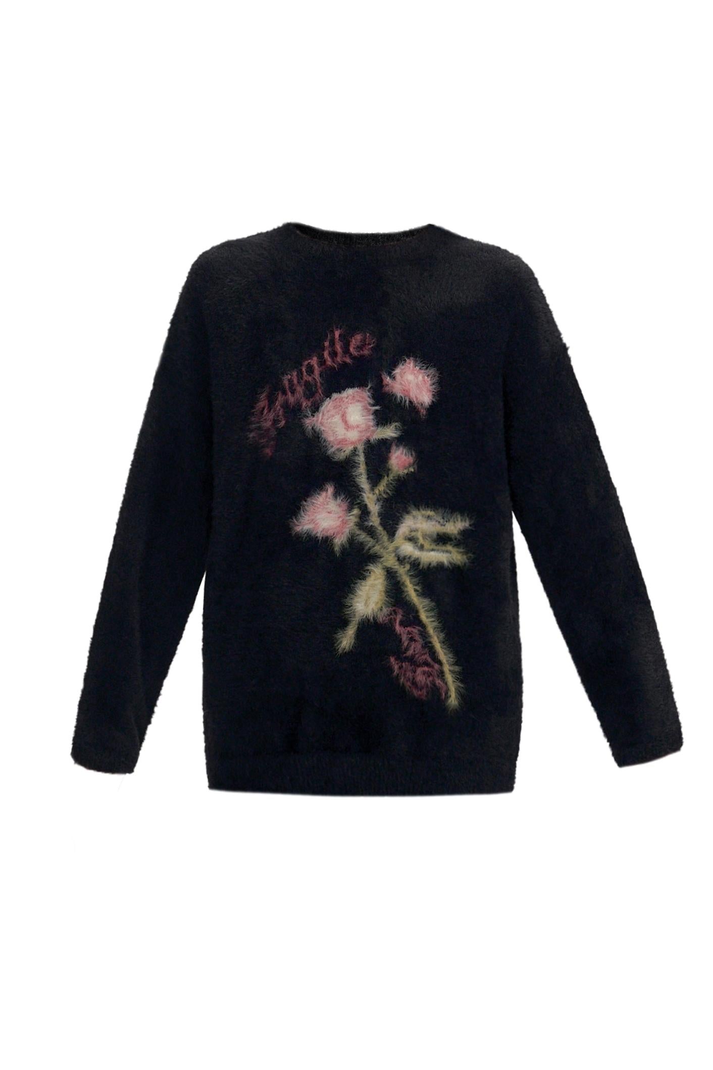 Floral Embroidered Fuzzy Sweater